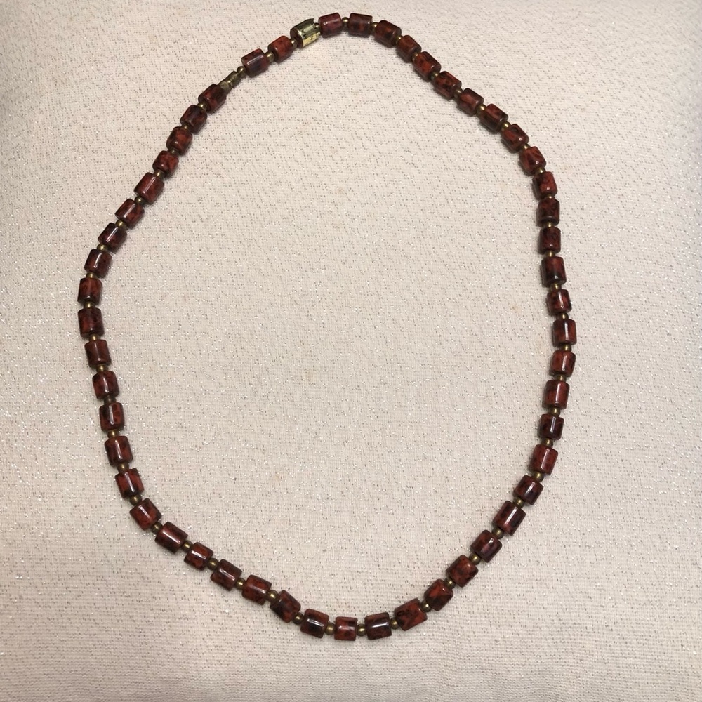 Brown Tortoise Barrel Beads 24” Necklace Art Glass with Brass Spacers Greece